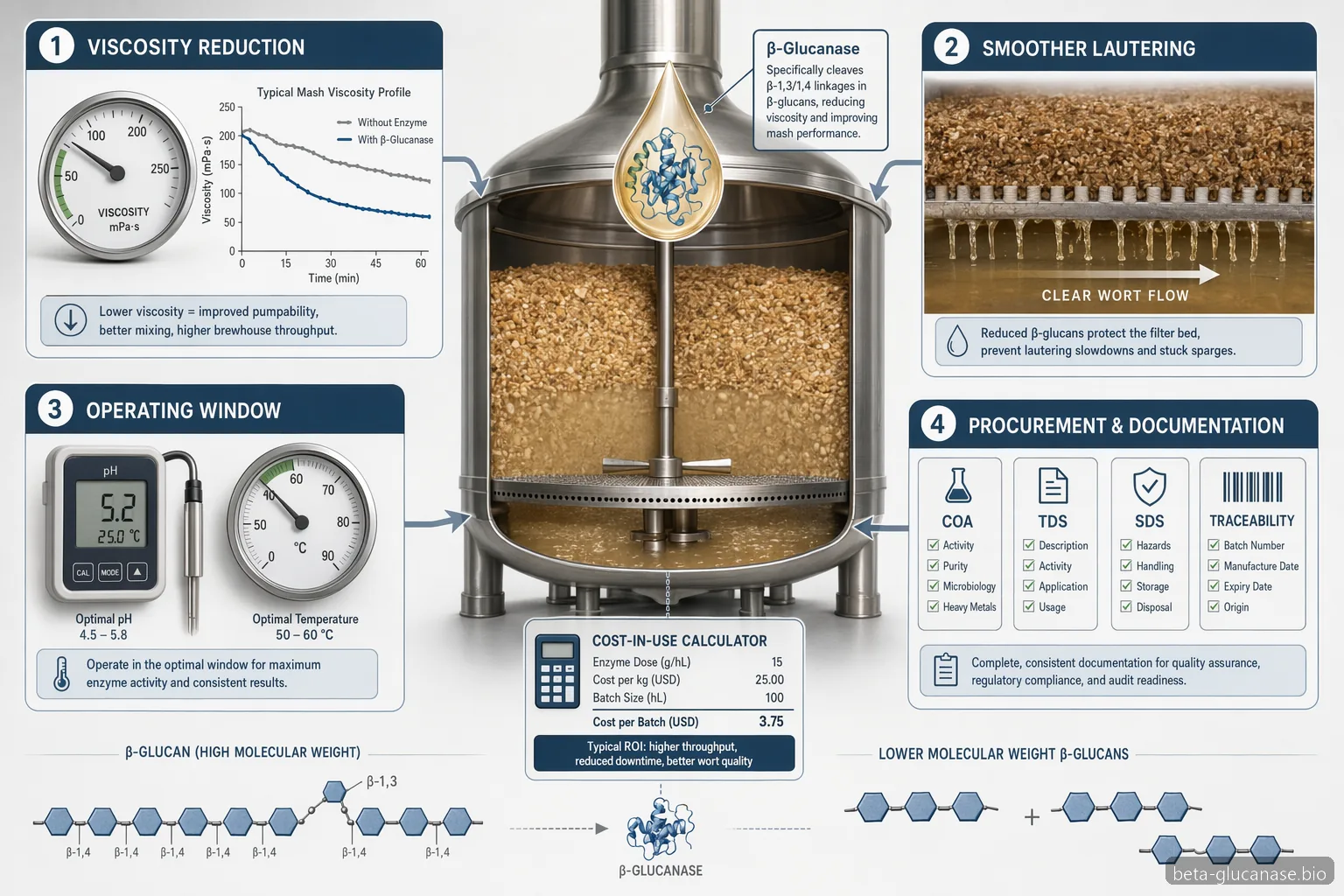 Checklist de spécifications beta glucanase pour le brassage avec enzyme, viscosité, filtration, documents et icônes de coût