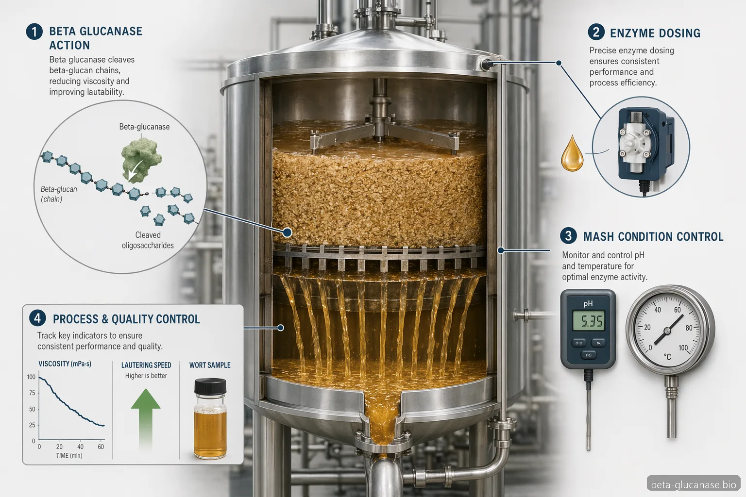 beta glucanase Enzym, Brau-Dosierleitfaden mit Maischeviskosität, pH, Temperatur, Läuterung und QC-Kontrollpunkten