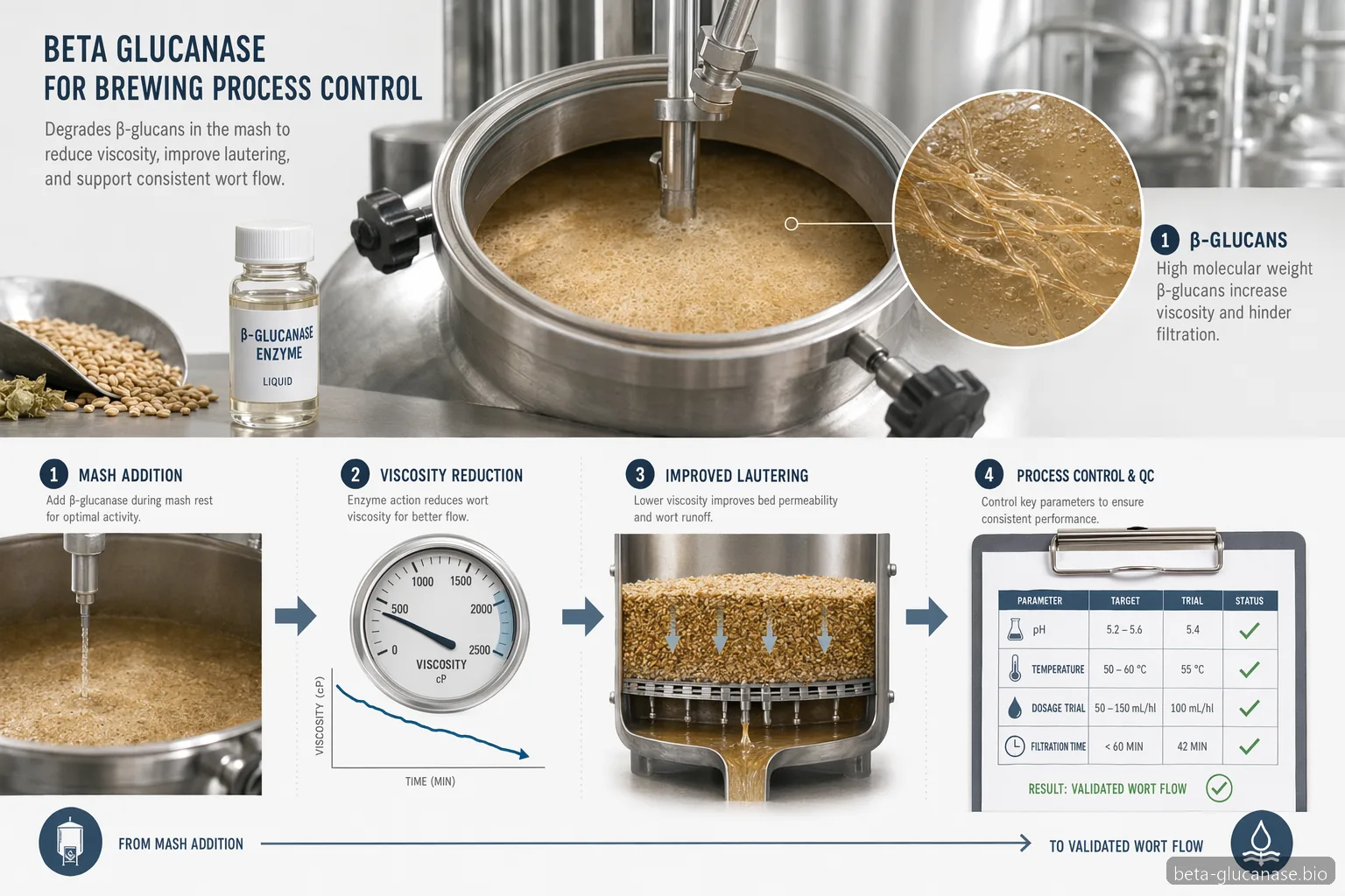 beta glucanase enzym, bryggeproceskontrol med infografik, der viser viskositet, filtrering, dosering og QC-kontrol
