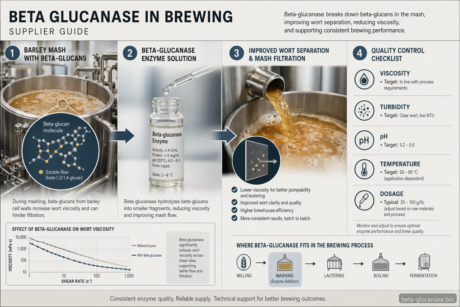 beta glucanase in brewing, Lieferantenleitfaden mit Maischeviskosität, Filtration, Dosierung und QC-Prüfpunkten