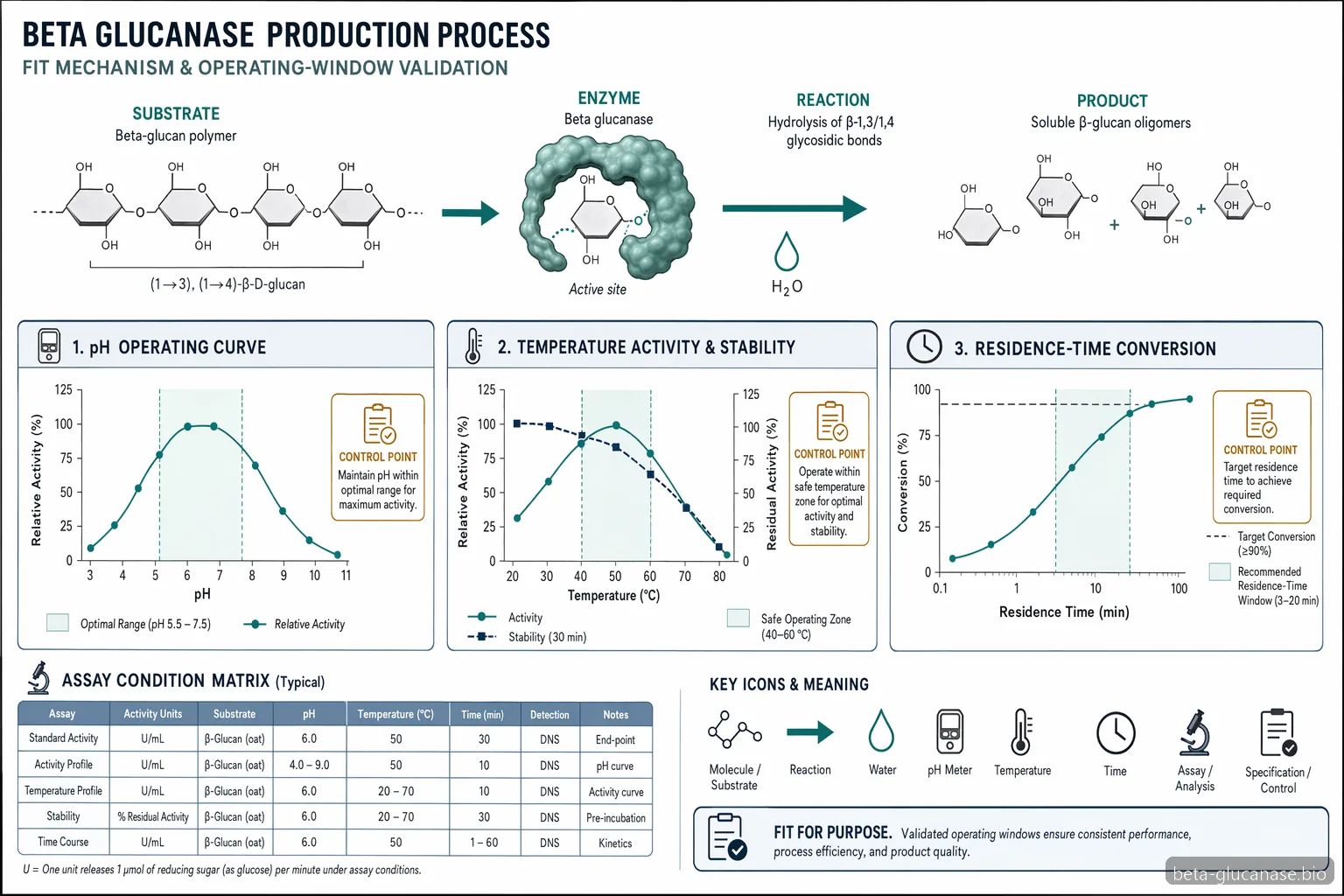 beta glucanase production process diagram mapping beta-glucan substrate to product across pH, temperature, and time