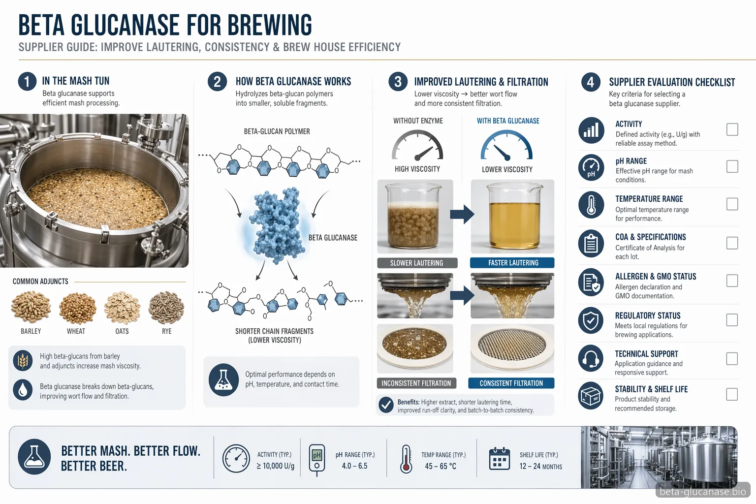 beta glucanase for brewing supplier guide, infographic showing mash viscosity, wort flow, filtration, and buyer checks