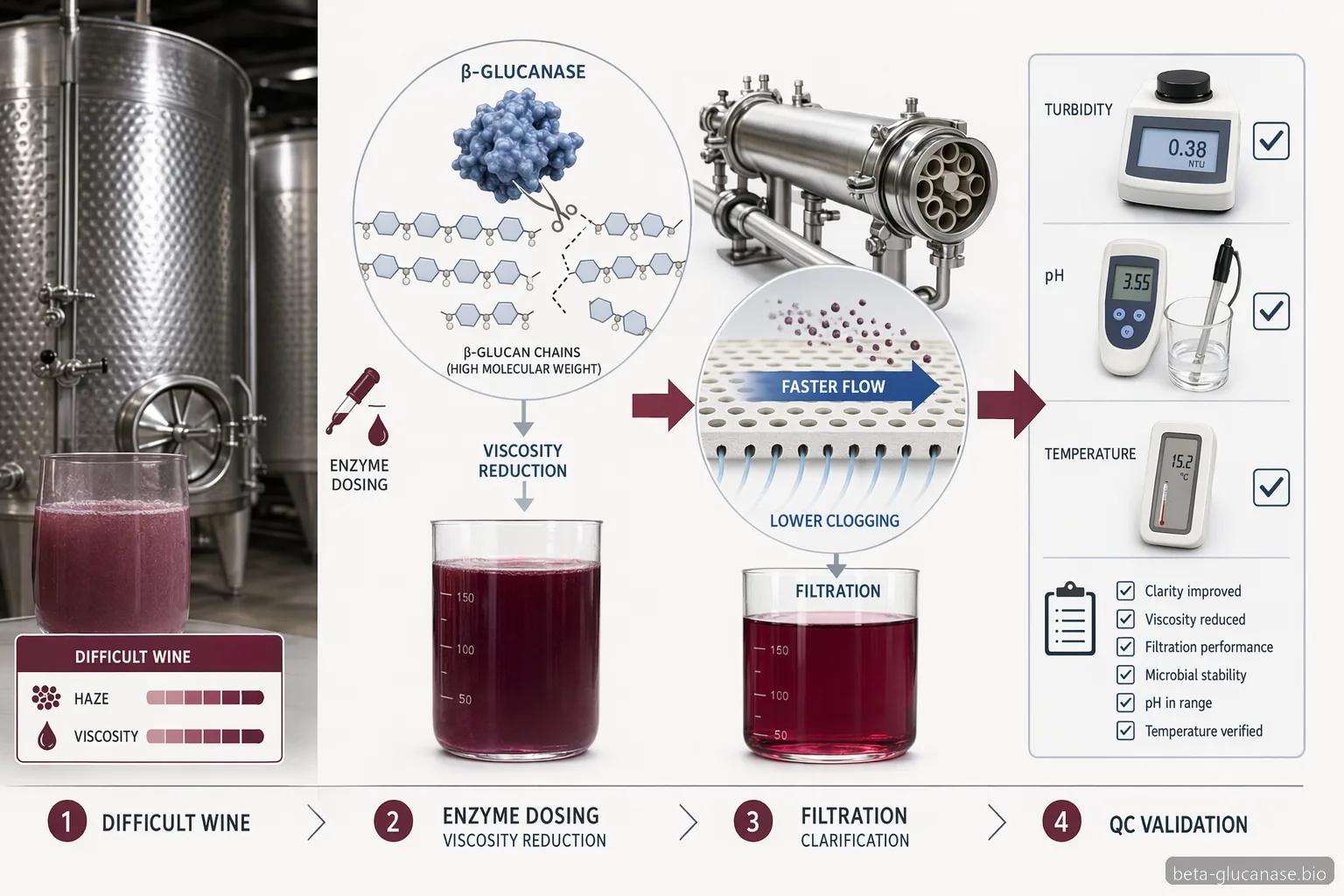 beta glucanase til vin, infografik med enzymdosering, viskositetsreduktion, filtrering og QC-kontrol